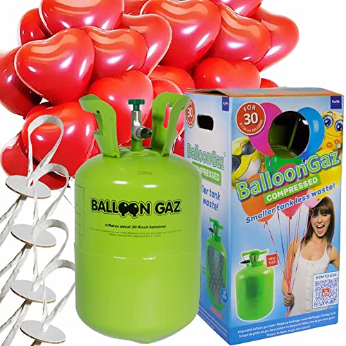 Helium Ballongas + Herzballons + Öko-Ballonbänder | 30er Heliumflasche + Knickventil + 16 Herz Luftballons + 50 Bänder | Herzen Geburtstag Party Hochzeit, Edition: Set mit 16 roten Herzballons