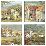 ARTLAND Leinwandbilder Set 4tlg. je 40x40 cm Quadratisch Wandbilder Landschaft Frankreich Malerei Grün Provence Lavendel Mohn K2UF