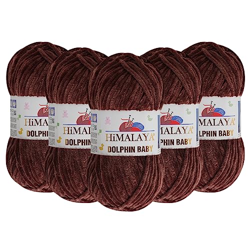 5 Knäuel (Packung) Himalaya Dolphin Baby Chenille-Garn, 100 % Polyester, jeder Strang 100 g, 120 m, 6: Super Bulky, Braun – 80366