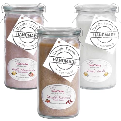 MINI JUMBO SET - 3 x DUFTKERZE IM ORIGINAL WECKGLAS - 100% Stearin, 70h Brenndauer - Vanille Macadamia, Mandel Karamell, French Vanilla