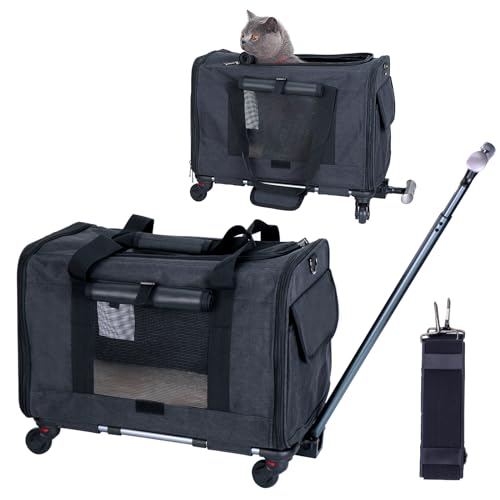 FLYAMAPIRIT Mobile Haustiertragetasche für kleine mittelgroße Hunde Katzen Tragbare Reisetragetasche mit Teleskopgriff und abnehmbaren Rädern