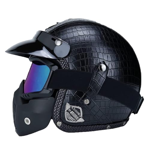 Leder Jethelm Retro Helm Motorradhelm Unisex Vintage, Rollerhelm Mopedhelm Pilot Chopper Helm mit Brille, ECE Genehmigt Jethelm Für Damen Und Herren 1,L