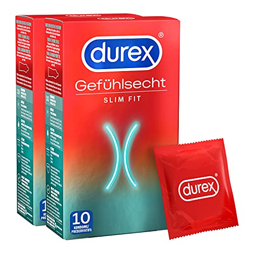 Durex Gefühlsecht Slim Fit Kondome – Hauchzarte Kondome mit schmaler Passform für intensives Empfinden – 20er Pack (2 x 10 Stück)
