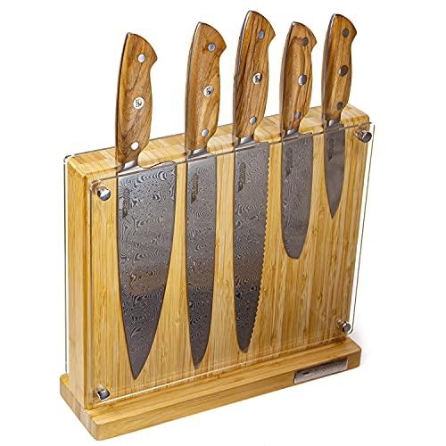 Eagle U-Grip - 5-er Messer-Set mit Bambus Messerblock - Voll-Damaststahl 108 Lagen/Heftschalen: Olivenholz aus Süditalien