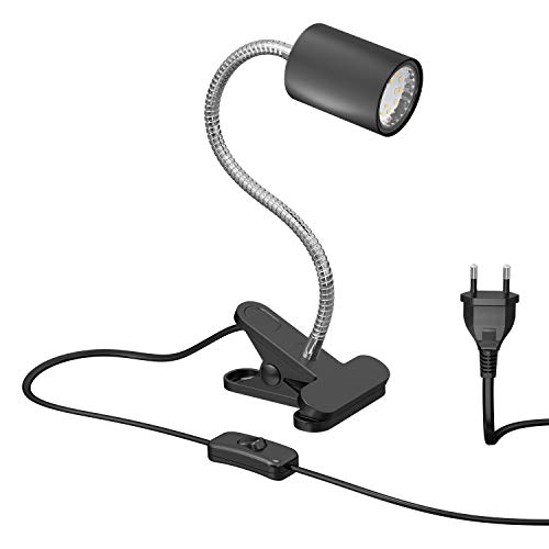 ledscom.de Klemmleuchte WAIKA mit Schwanenhals und Schalter schwarz matt, inkl. GU10 LED Lampe (warmweiß, 2,4W, 227lm, 110°)