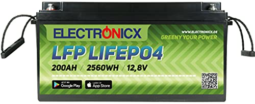 Electronicx LiFePO4 Batterie 200Ah 12,8V Versorgungsbatterie 2560 Wh mit Bluetooth-Funktion Lithium-Eisenphosphat Akku inklusive App BMS