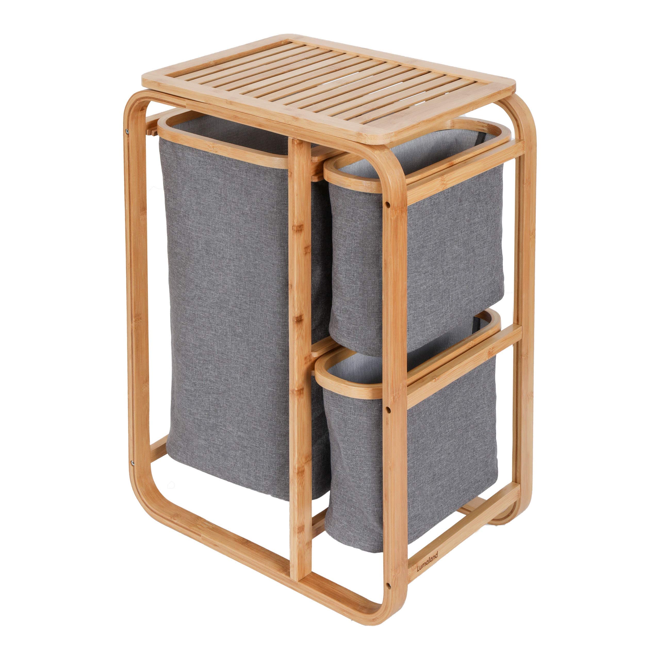 Lumaland Wäschekorb aus Bambus mit 3 ausziehbaren Wäschesäcken | Größe ca. 71 cm Höhe x 50 cm Breite x 33 cm Tiefe, Farbe: Grau