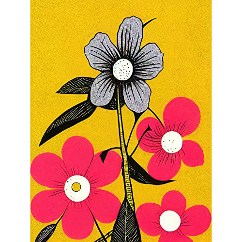 Wee Blue Coo Bold Flowers Linocut Pink and Mustard Yellow Print Large XL Wall Art Canvas Print