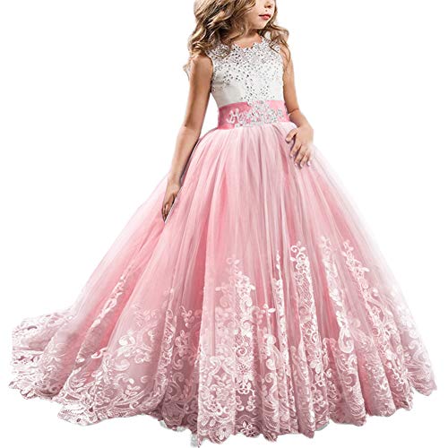 IBTOM CASTLE Blumenmädchen Festkleider Kleid Lang Brautjungfern Hochzeit Festlich Kleidung Festzug #2 Wassermelonenrot 12-13 Jahre