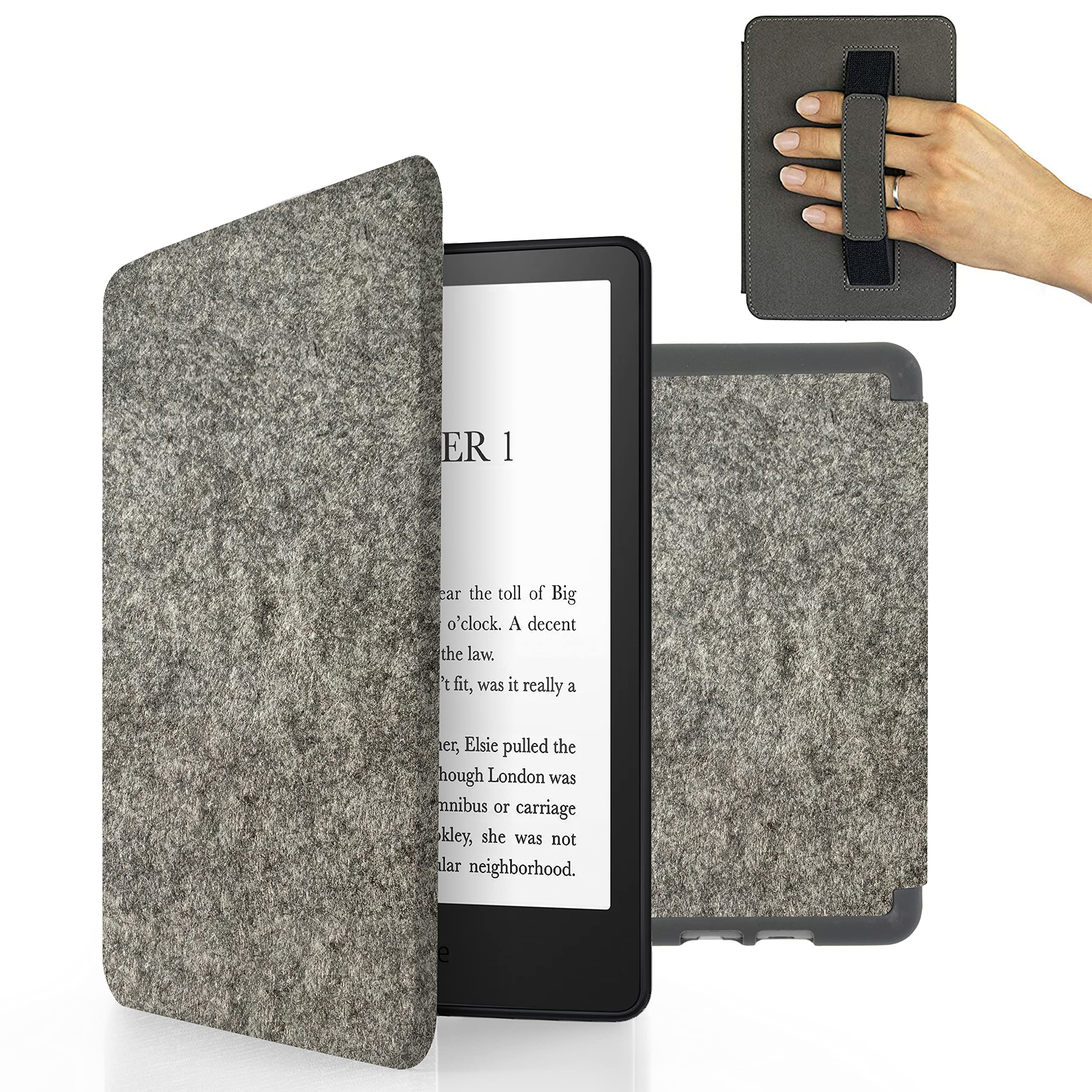 MyGadget Filz Hülle für Amazon Kindle 11. Generation (Modell 2022-6 Zoll) mit Handschlaufe & Auto Sleep/Wake Funktion - Flip Case in Hell Grau