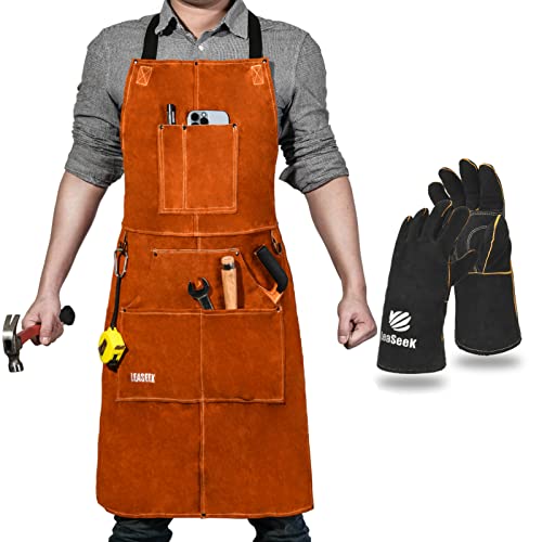 LeaSeek Schweißerschürze aus Leder mit Handschuhen– Hitzebeständige & Flammhemmende Schwere Arbeitsschürze mit 6 Taschen