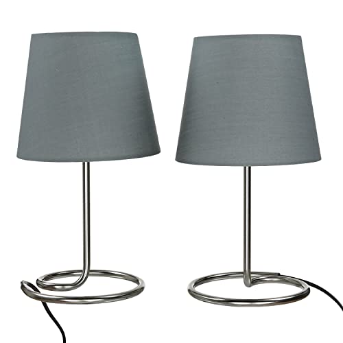 Dekorative Nachttischlampe im praktischem 2er Set mit Stoffschirm in grau & Metallfuß Tischleuchte Tischlampen Tischleuchten Nachttischleuchten Lampen