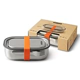 BLACK + BLUM Lunchbox Edelstahl 1L | Orange | 3-in-1 | Vakuumverschluss- 100% auslaufsicher | inkl. Göffel, Silikonband & Innenteiler | Ofen-& Gefriergeeignet | 20x14x6 cm | Brotdose mit Fächern