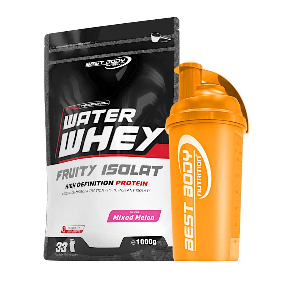 1 kg Best Body Nutrition Water Whey Fruity Isolate Molkenprotein + Protein Shaker (Mixed Melon (Shaker orange))