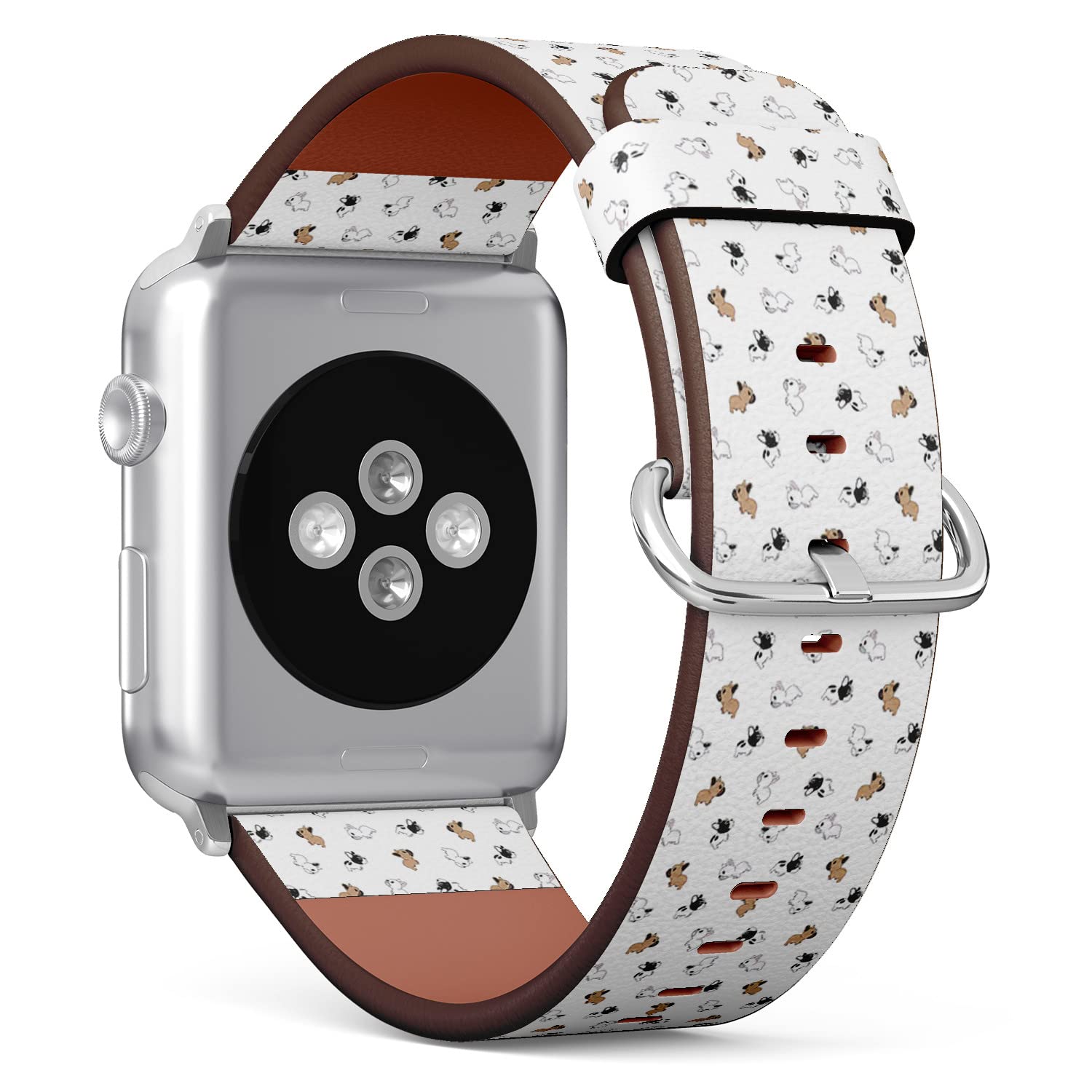 IKIKI-TECH Kompatibel mit Apple Watch Armband 42 mm, 44 mm, 45 mm, 49 mm (Hund Französische Bulldogge), Ersatzarmband aus veganem Leder für iWatch Series 8, 7, 6, 5, 4, 3, 2, 1 Ultra SE