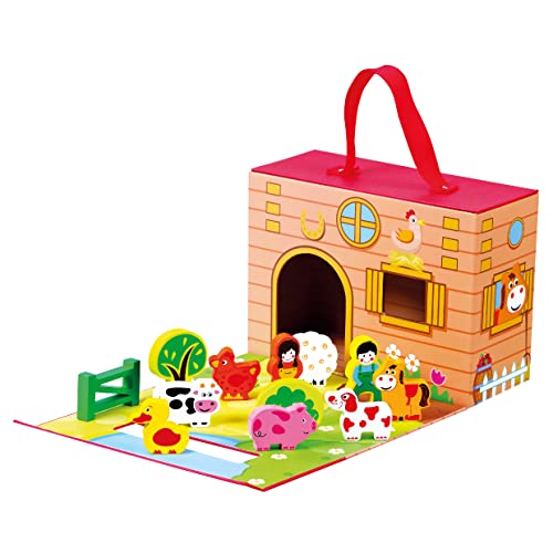 Mertens Farm im Reisekoffer aus Holz Spielzeug für Kinder ab 18 Monate (13-Teilig, Praktischer Koffer aus Pappe mit Tragegriff für Unterwegs, 12 Tierfiguren, Maße: 42 x 17 x 25 cm), Bunt