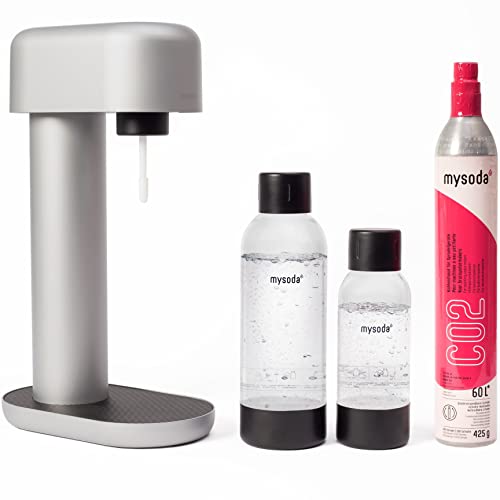 Mysoda Wassersprudler Set Ruby inkl. CO2-Zylinder und 1l+0.5l Quick-Connect BPA-frei Plastikflasche, Silber