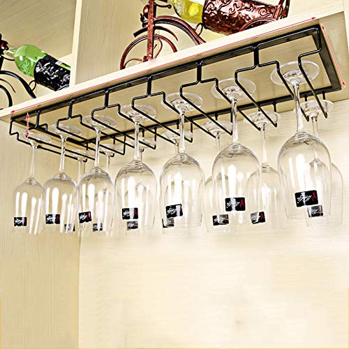 PooBa Weinglasregal, Weinglashalter und Stielglasregal – unter dem Schrank montierter Glashalter – Aufbewahrungsregal aus Metall (1 schwarz) (schwarz, 6 Reihen) (Color : Black, Size : 7 Rows)
