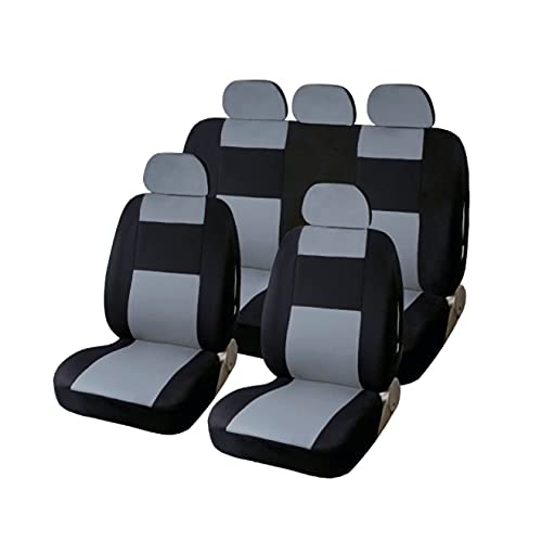 Veshow 9-teiliges Set Autositz- und Kopfstützenbezüge Autositzbezug Universal Elastischer Stoff Stuhlbezug Komplettset Universalgröße Elastische Säume Seiten-Airbag Kompatibel (Schwarz Grau)