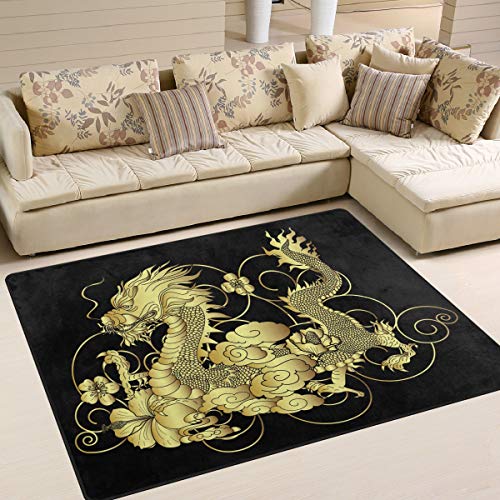 Use7 Teppich, japanischer Drachen-Blumen-Motiv, für Wohnzimmer, Schlafzimmer, goldfarben, Textil, mehrfarbig, 160cm x 122cm(5.3 x 4 feet)