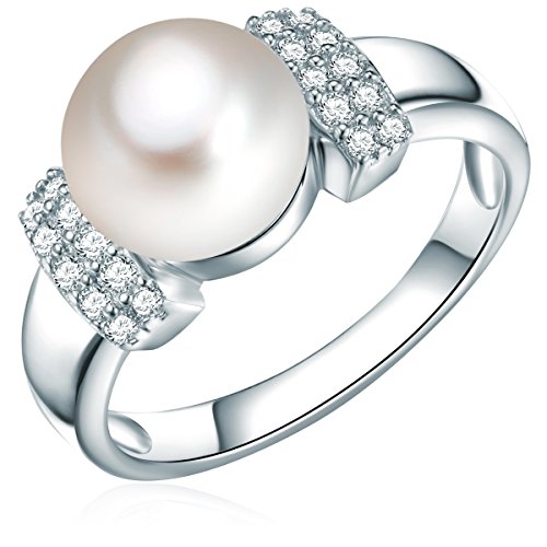Valero Pearls Damen-Ring Hochwertige Süßwasser-Zuchtperlen in ca. 10 mm Button weiß 925 Sterling Silber Zirkonia weiß - Perlenring mit echten Perle weiss 60201408