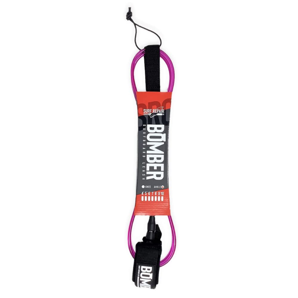Surf Repair Co. Bomber Premium Surfboard Leash | High Strength PU Cord, Tangle-Free Leash with Double Swivel System, Straight Legrope for All Types of Surfboards & Paddleboards (Fuchsia-Clear, 3 m)