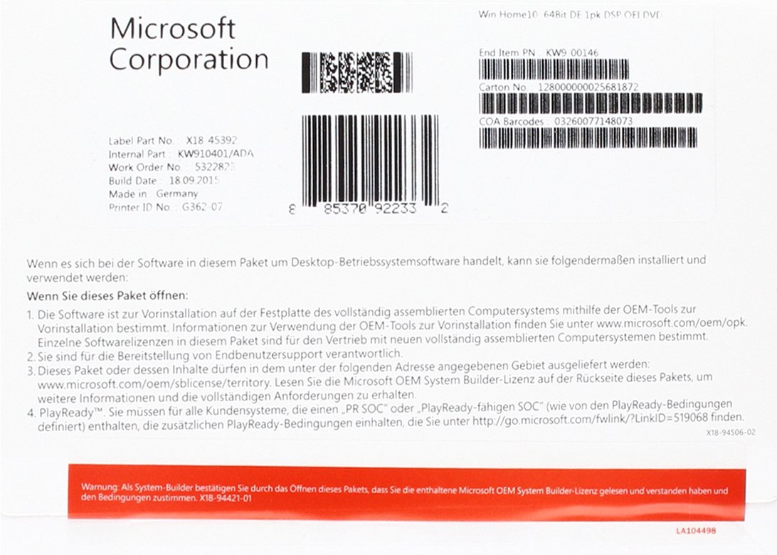 MS Windows Home 10 64bit DVD OEM (DE)