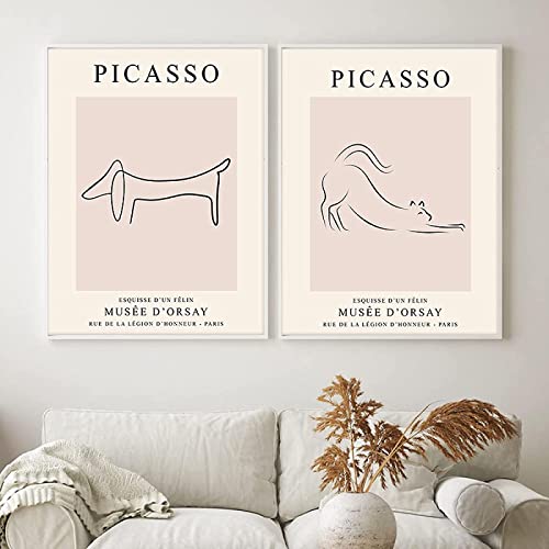 Drucke für Wände 2 Stück 50x70cm Kein Rahmen Pablo Picasso Tierskizze Hund Katze Zeichnung Poster Strichzeichnungen Ausstellung Galerie Wohnzimmer Wohnkultur