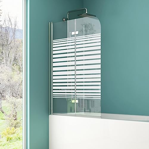 IMPTS Duschabtrennung mit Milchglas Streifen 120x140cm, Duschwand Faltwand für Badewanne 2 TLG, Badewannenaufsatz mit 6mm teilsatiniert Nano ESG Glas 180°Schwingen