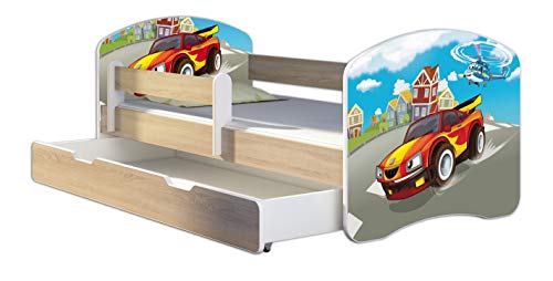 Kinderbett Jugendbett mit einer Schublade und Matratze Sonoma mit Rausfallschutz Lattenrost ACMA II 140x70 160x80 180x80 (03 Racing Car, 180x80 + Bettkasten)