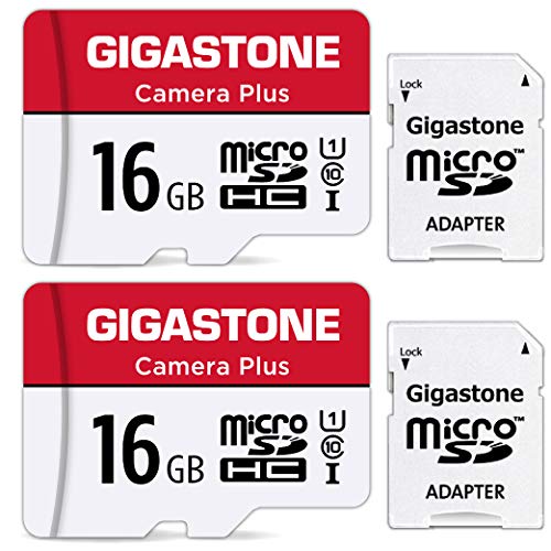 Gigastone Kamera Plus 16GB MicroSDHC Speicherkarte 2er-Pack + SD Adapter, für Action-Kamera und Drohne, Lesegeschwindigkeit bis zu 85MB/s, Full HD-Videoaufnahme, U1 Klasse 10 Micro SD Karte UHS-I