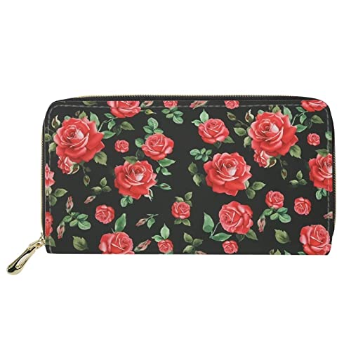 Lsjuee Süße Rose Schwarz Handtasche für Frauen Große Kupplung PU Leder Geldbörse mit Reißverschluss Münzfach Telefon Kartenhalter Mädchen Geschenk