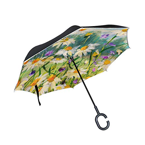 ISAOA Doppelschichtiger umgekehrter Regenschirm, selbststehend und innen au?en, Auto-Regenschirm, lgem?lde von wei?en G?nsebl¨¹mchen, Winddicht, Regen umgekehrter Regenschirm mit UV-Schutz