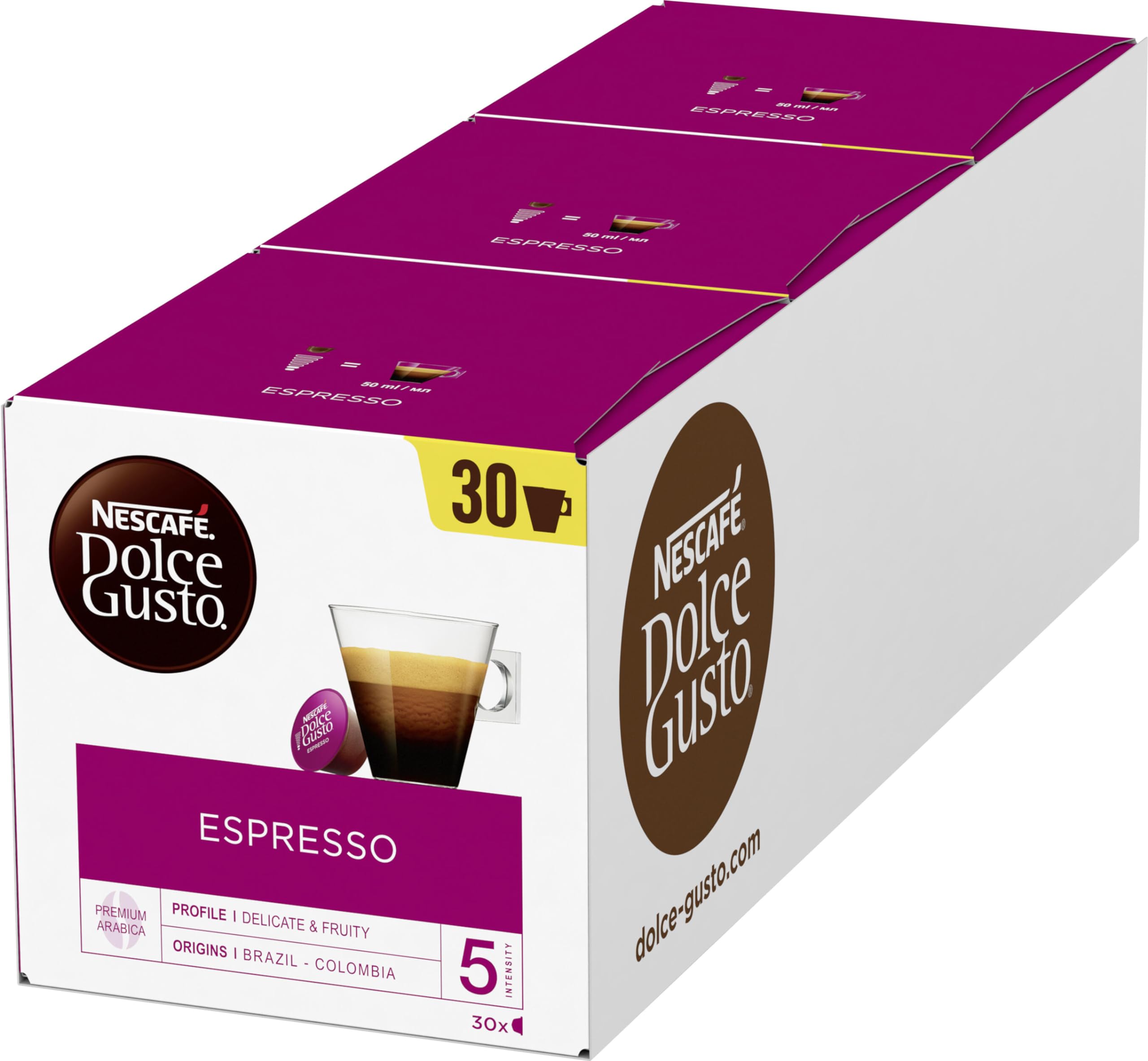 NESCAFÉ Dolce Gusto Espresso, XXL-Vorratsbox, 90 Kaffeekapseln, 100% edle Arabica Bohnen, Charaktervoller Espresso, Fruchtige Granatapfelnote, Aromaversiegelte Kapseln, 3er Pack (3x30 Kapseln)