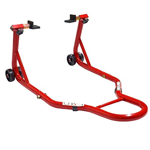 Cruizer - roter Hinterbauständer mit Plattenbefestigung für Motorräder mit verstellbaren seitlichen Verstärkungsstäben und 4 darunter liegenden Rädern