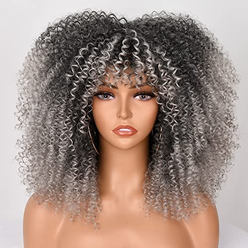 Perücke für schwarze Frauen, lockiges Haar, 40,6 cm, mit Pony, flauschig, lockig, grau, für Cosplay-Party