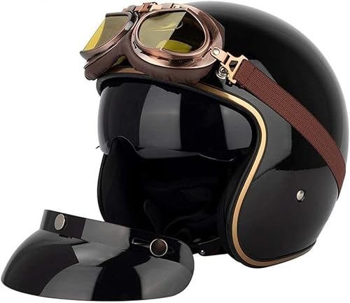 Vintage-Motorrad-Offener Helm, Retro-Motorrad-Halbhelm mit Schutzbrille, 3/4 Vintage-Jet-Pilotenhelm mit DOT/ECE-Zertifikat, Open-Face-Scooter-Halbhelm C,M57-58CM