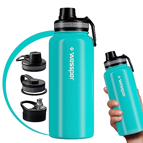 Wessper Edelstahl BPA Freie Trinkflasche, Thermoflasche für Wasser 1 liter, Kaffee und Tee mit 3 Deckel, Isolierflasche für Sport, gym, Fahrrad, Outdoor- Marine