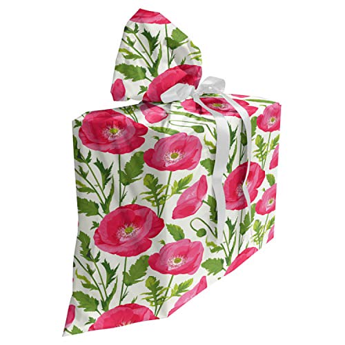 ABAKUHAUS Mohn Baby Shower Geschänksverpackung aus Stoff, Blätter und Blütenblätter Romantik, 3x Bändern Wiederbenutzbar, 70 x 80 cm, Grün-Rosa-Creme