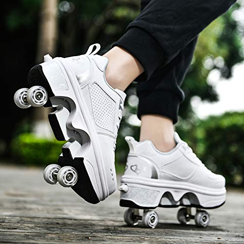 JTKDL Roller Skates, Skating-Schuhe Für Männer Und Frauen Automatische Wanderschuhe Für Erwachsene Unsichtbare Riemenscheibenschuhe Skates Mit Zweireihigem Deform-Rad,Silver-EU40/UK6