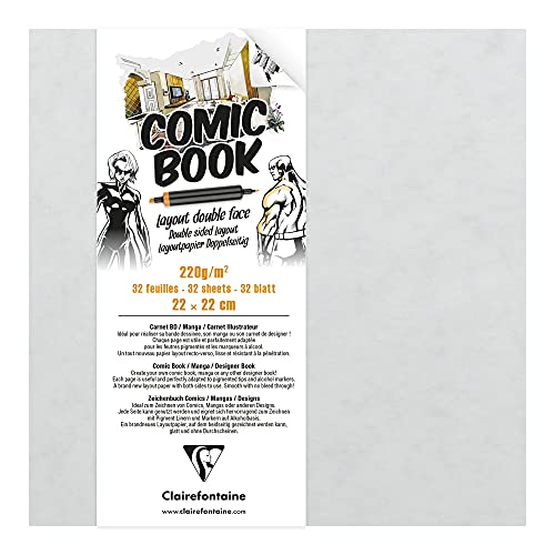 Clairefontaine 975198C Zeichenbuch mit doppelseitigem Layoutpapier, 220g, 22 x 22cm, ideal für Comics & Manga, 1 Stück