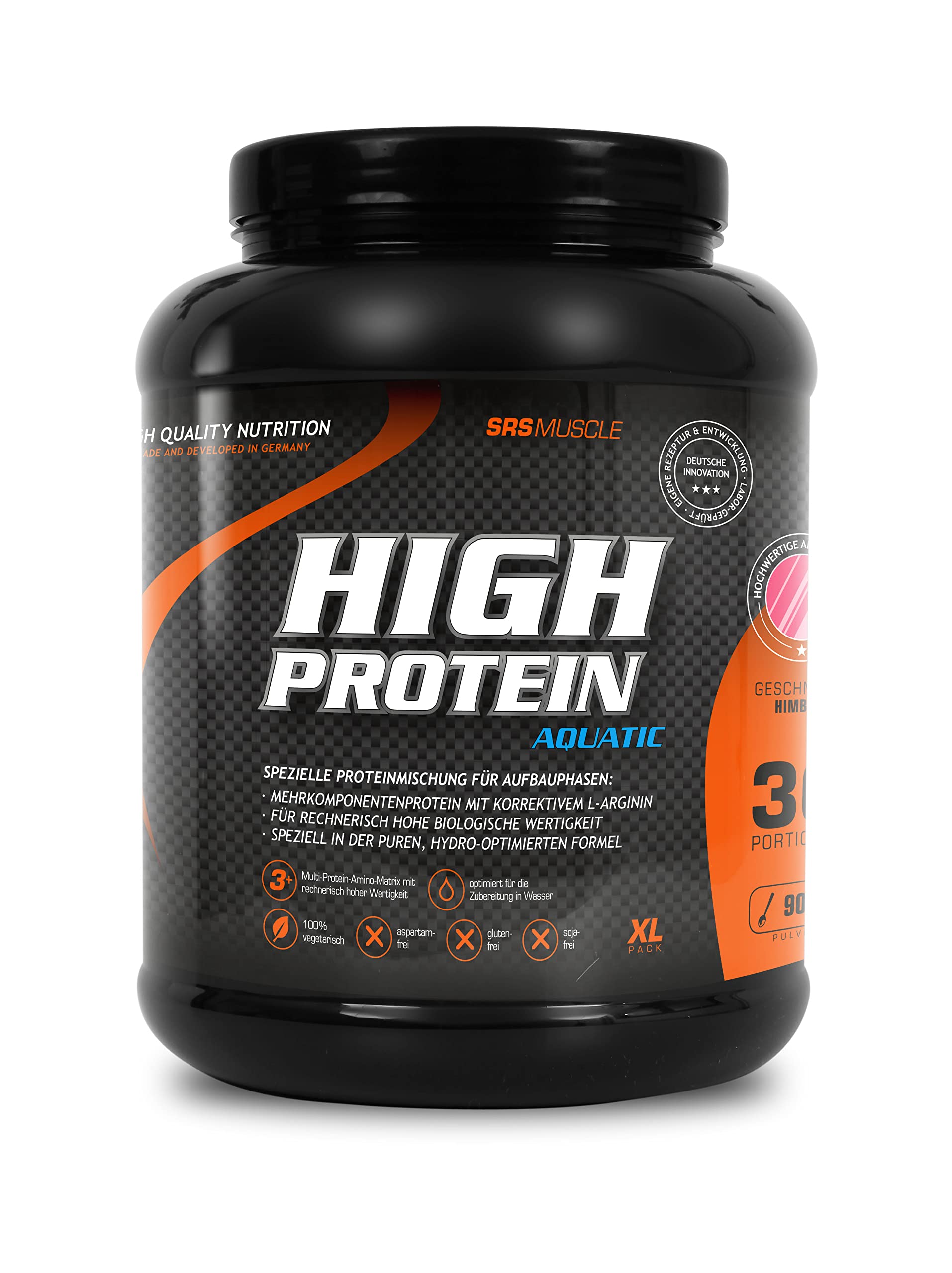 SRS Muscle - High Protein Aquatic XL | 3+1 Mehrkomponentenprotein | optimiert auf biologische Wertigkeit | aspartamfrei | laktosereduziert | deutsche Premiumqualität (Himbeer, 900 g)