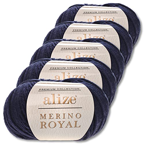 Alize 5x50 g Merino Royal 100% Merinowolle Farben zur Auswahl Superwash Wolle (58 | Dunkelblau)