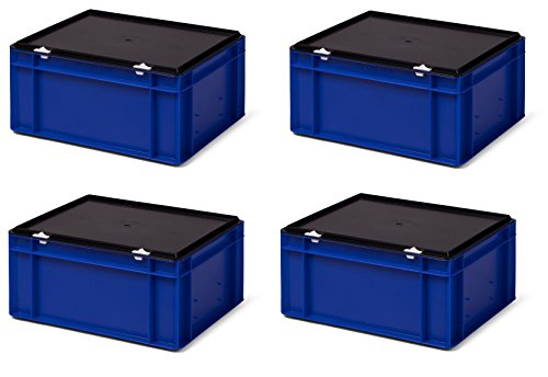 4 Stk. Transport-Stapelkasten mit Deckel TK417-D, blau, 400x300x186 mm (LxBxH), aus PP, Volumen: 15 Liter, Traglast: 30 kg, lebensmittelecht, made in Germany, Industriequalität
