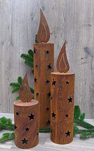 3er Set Windlicht Kerze 35 + 50 + 70 cm aus Metall Edelrost Rost Weihnachten Deko Weihnachtsbaum