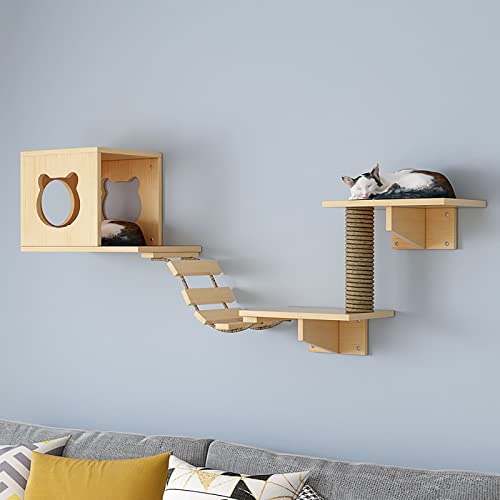 Katzen-Kletterregale, Wandmontage-Set, schwimmende Katzen-Hängematte aus massivem Holz zum Aufhängen, Kratzbaum für Kätzchen und große Katzen