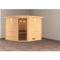 Woodfeeling Sauna Leona mit Kranz und graphitf.r Tür Naturbelassen