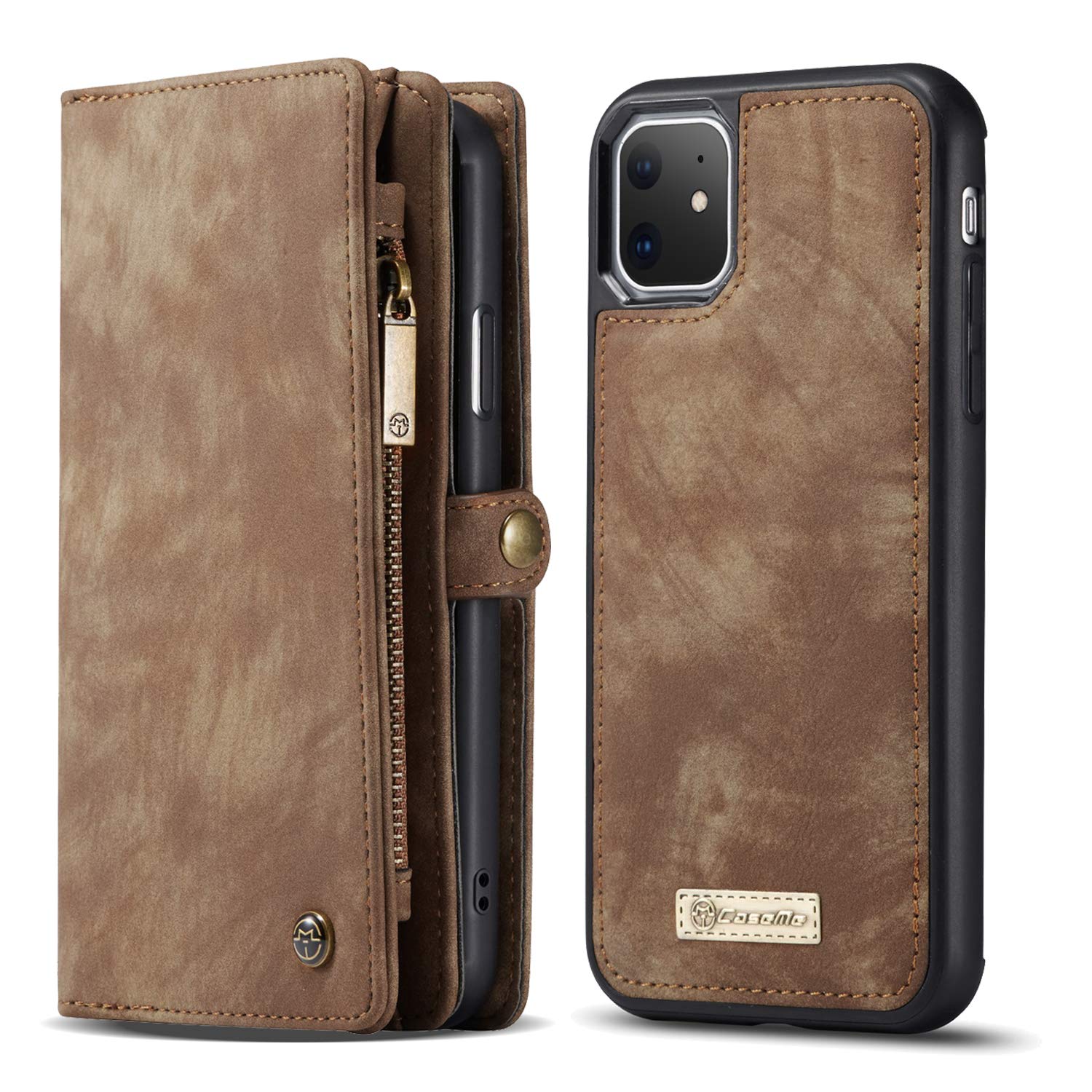 CaseMe Leder iPhone 11 hülle, Multifunktion magnetisch Flip Folio Lederhülle Wallet Handyhülle für iPhone 11 Ständer Cover, 13 x Kreditkarte Slots, 2 in 1 Abnehmbare zurück Fall (Braun)