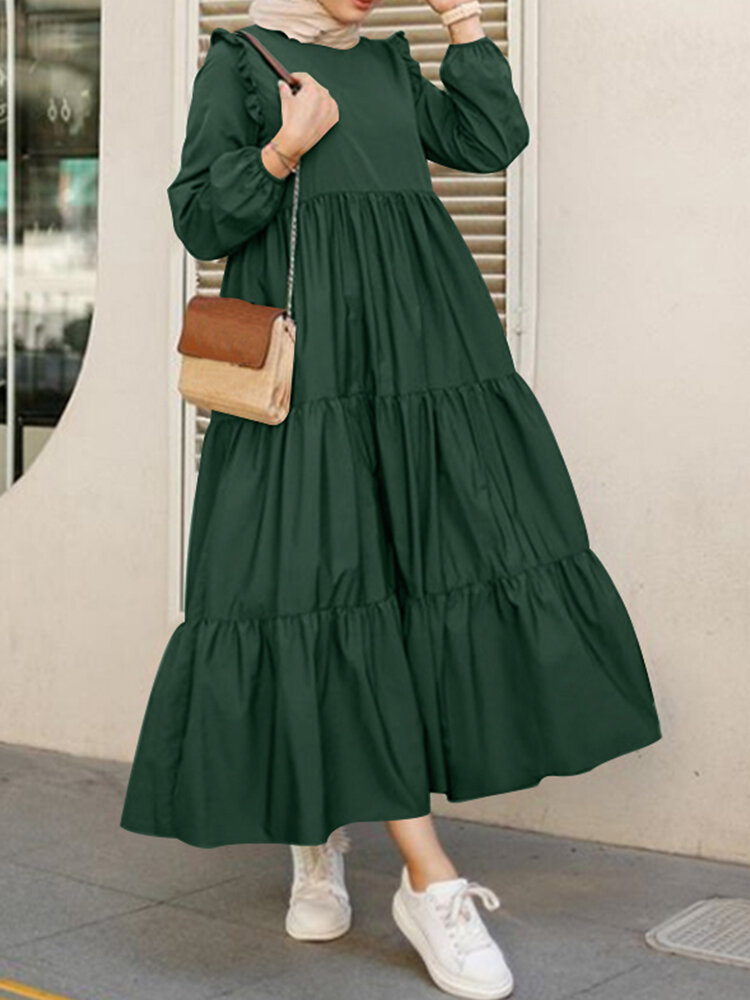 Frauen Massivbaumwolle Rüschen Saum geschichtet O-Ausschnitt Tiered Kleid Lässig Langarm Maxi Kleid