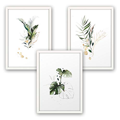 3-teiliges Premium Poster-Set | Kunstdruck | Botanik grün | Blätter | Deko Bild für Ihre Wand | optional mit Rahmen | Wohnzimmer Schlafzimmer Modern Fine Art | DIN A4 / A3 (A3, weißer Rahmen)